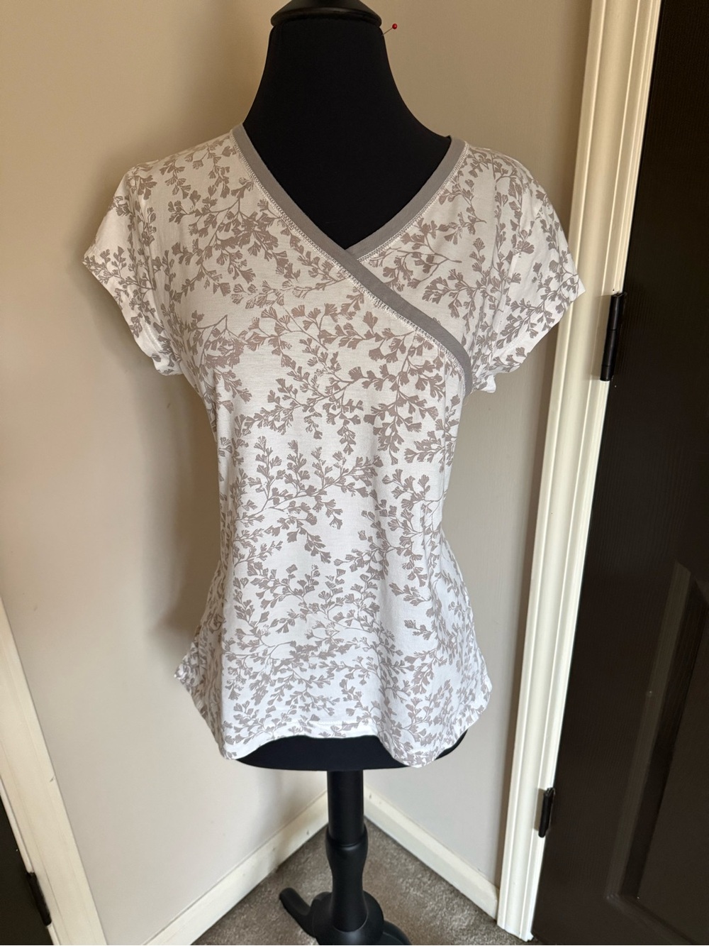 Garnet Hill White Tee with Light Taupe Floral Print